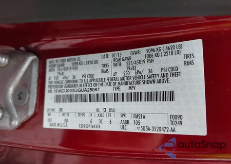 2016 Ford Escape Se from USA, damaged, VIN 1FMCU0GX3GUA25087